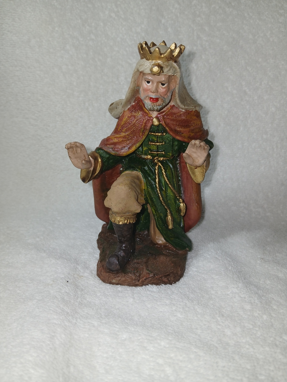 Hand-Painted Green and Red Kneeling Wise Man Nativity Figurine